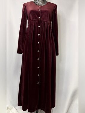 Vintage DJ Summers Burgundy Velvet Empire Waist Heart Button Down Maxi Dress